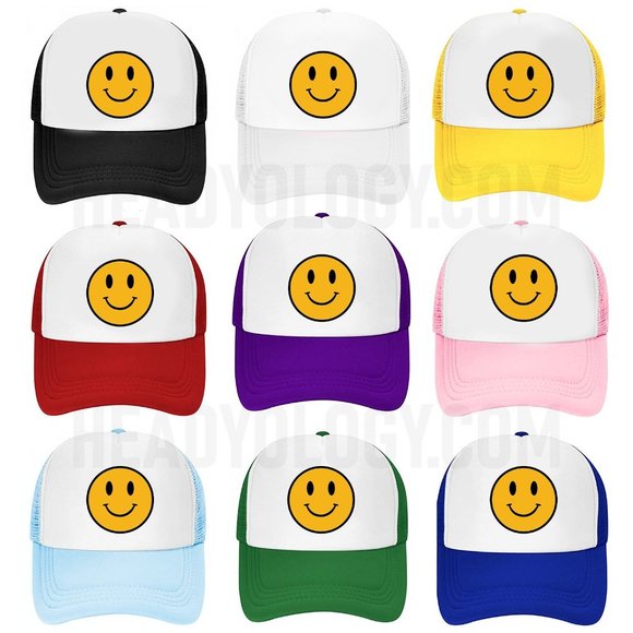 Smiley Face Emoji Baseball Hats Snapback Meshback Trucker Hats - Picture 1 of 13